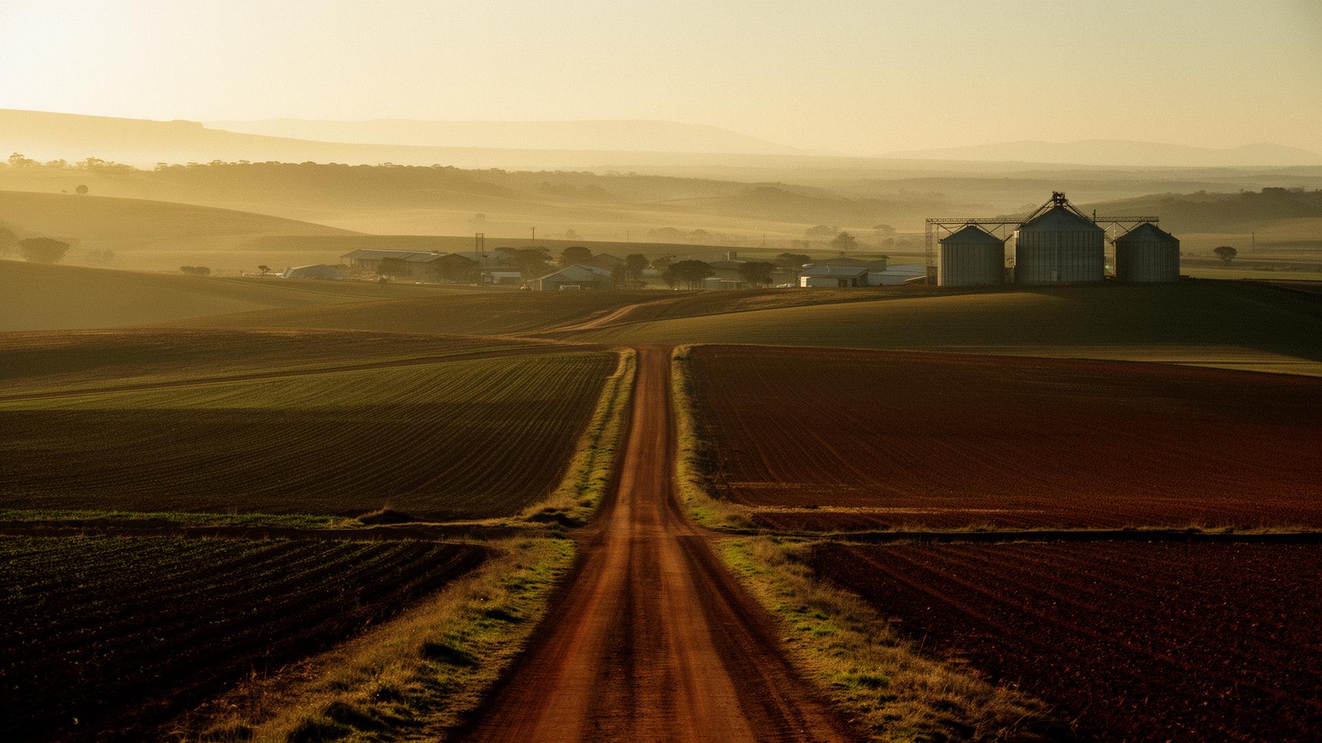 Cinematic golden-hour view of South African industrial and agricultural infrastructure
