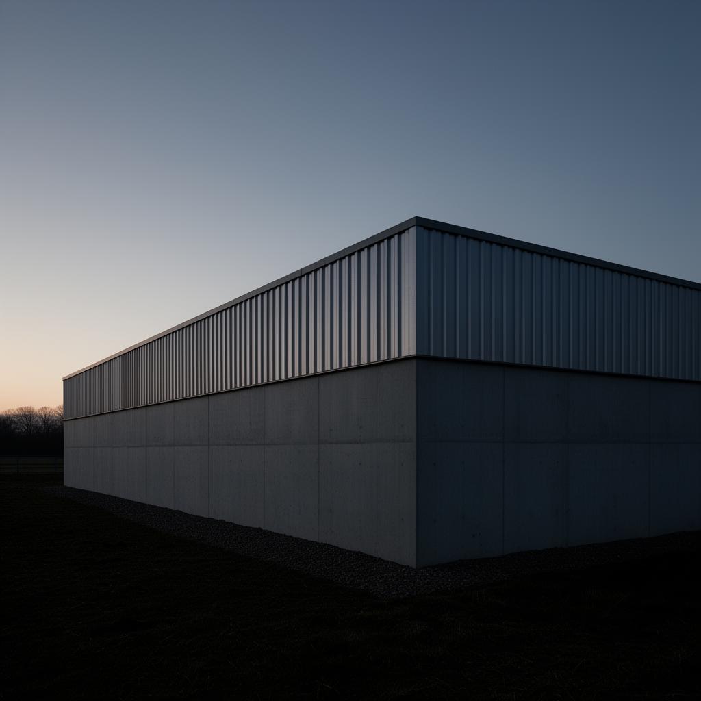 Architectural exterior of a modern industrial structure at dusk with crisp metal cladding and a concrete plinth